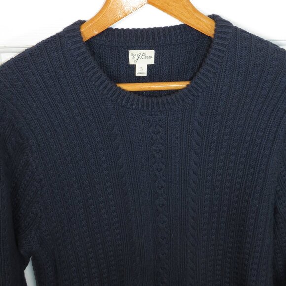 J Crew Sweater Mens Large Navy Blue Cable Knit Fisherman Grandpa Preppy Chunky - Picture 3 of 4